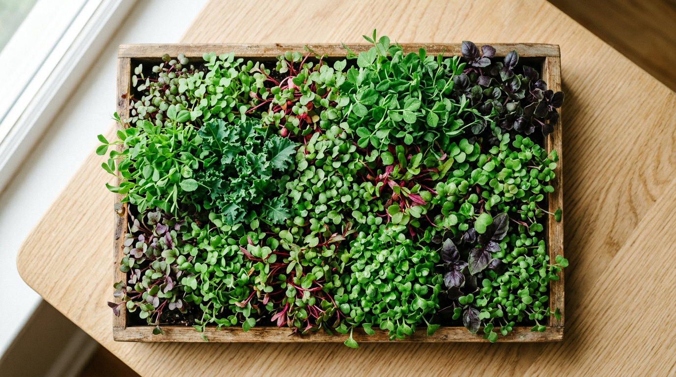 Fresh vibrant microgreens growing in a wooden tray on a sunlit surface